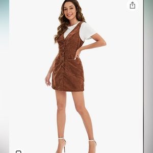 V Neck Sleeveless Corduroy Button Pinafore Overall Mini Dress